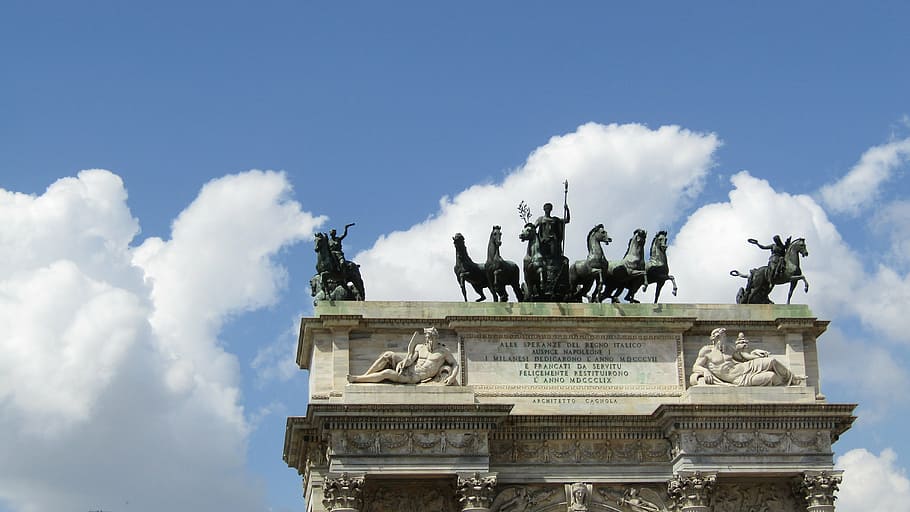 sky, monument, horses, clouds, landscape, background, blue HD wallpaper