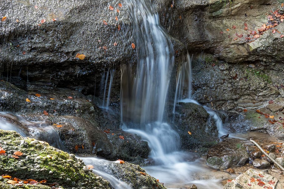 Waterfall, Long Exposure, Leaf, stone, blue, orange, nature HD wallpaper