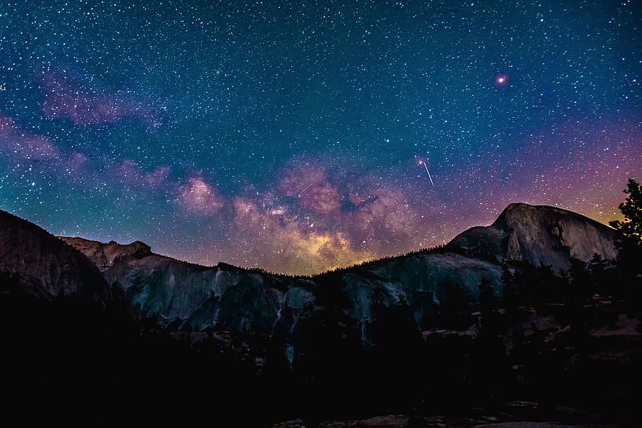 silhouette photography of mountain and stars, night, dark, galaxy HD wallpaper