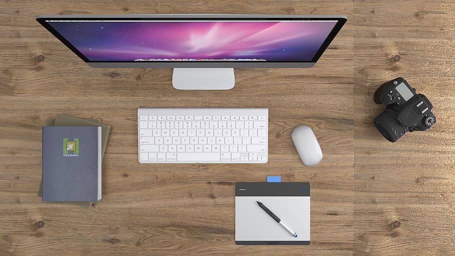 silver iMac, computer, table, office, desk, work, computer desk HD wallpaper