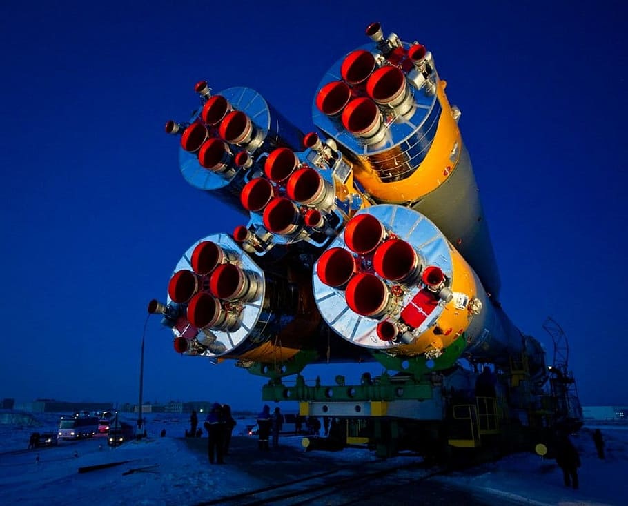 photo of yellow space shuttle, Soyuz Rocket, intercontinental ballistic missile