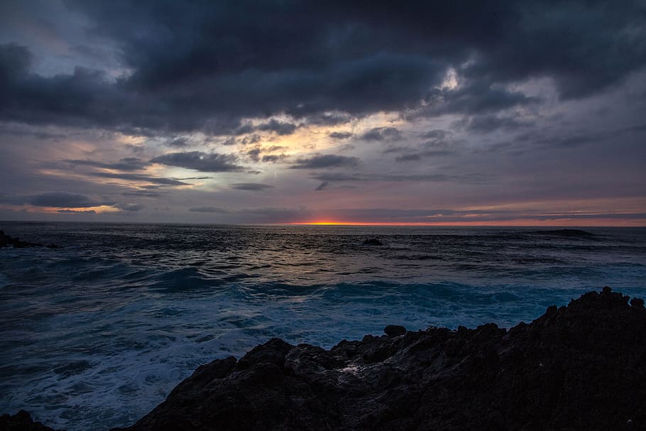 sea, dawn, landscape, nature, beach, clouds, evening, ocean, outdoors HD wallpaper