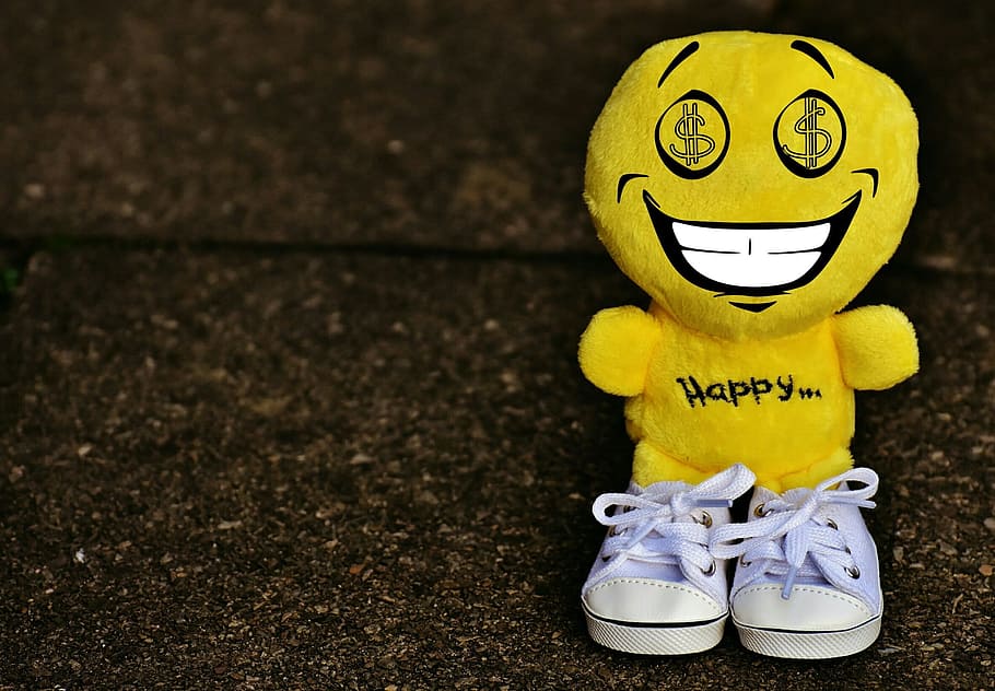 yellow Happy plush toy, smiley, dollar, greedy, sneakers, funny, HD wallpaper