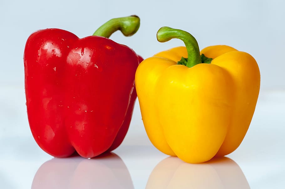 two red and yellow bell peppers, paprika, vegetables, food, eat, HD wallpaper