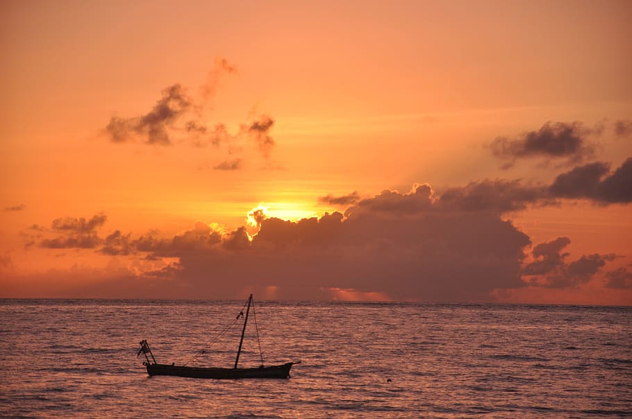 sunset, water, sea, dawn, dusk, boat, sunrise, landscape, ocean HD wallpaper