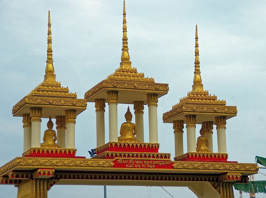 laos, vientiane, temple, porch, ridge, buddhas, religion, buddhism