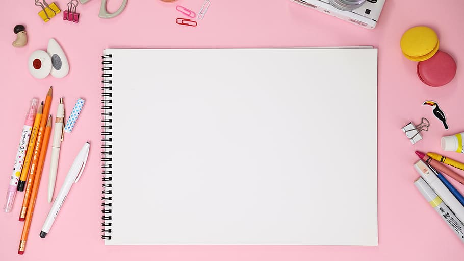 white notepad between color pens, pink, macaroon, sketchbook, HD wallpaper