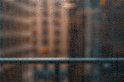 black metal fence near building, dew drop on glass, rainy, weather HD wallpaper