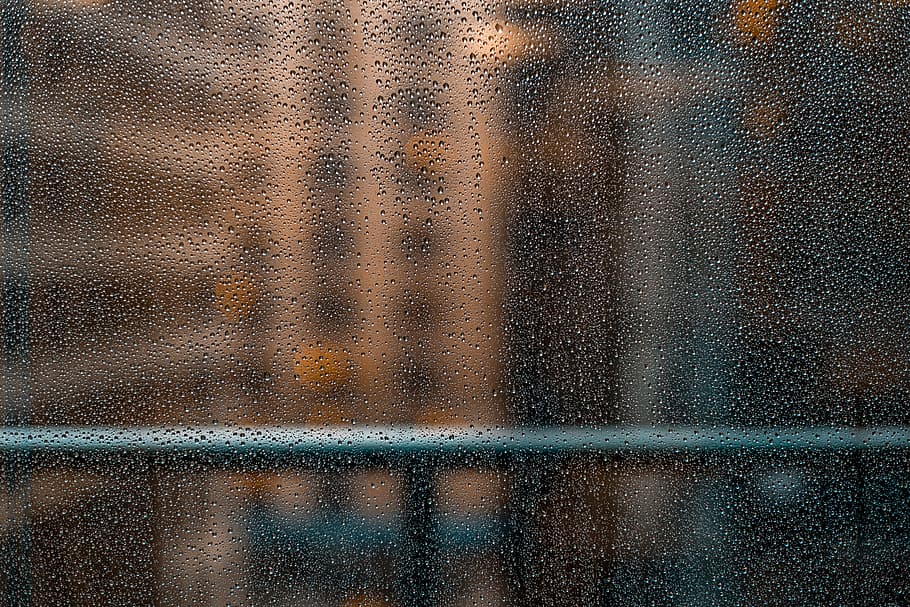 black metal fence near building, dew drop on glass, rainy, weather HD wallpaper