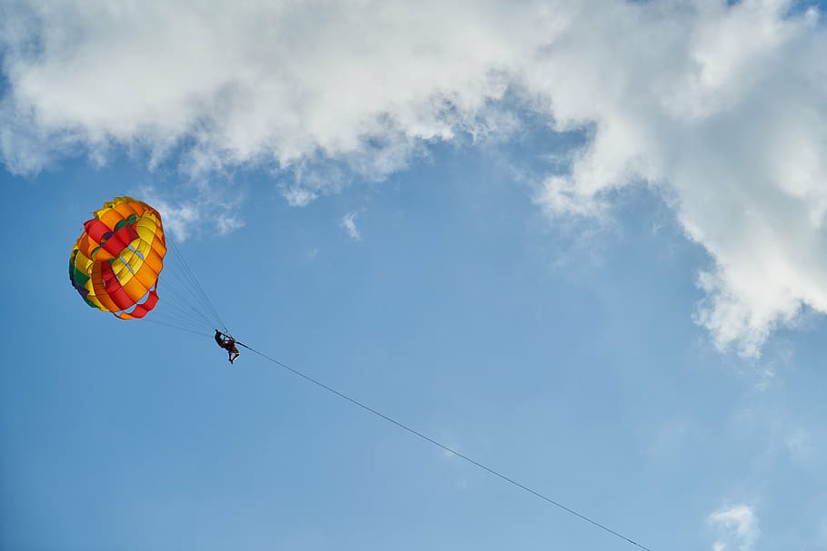 parachute, fly, cloud, blue, background, human, white clouds HD wallpaper