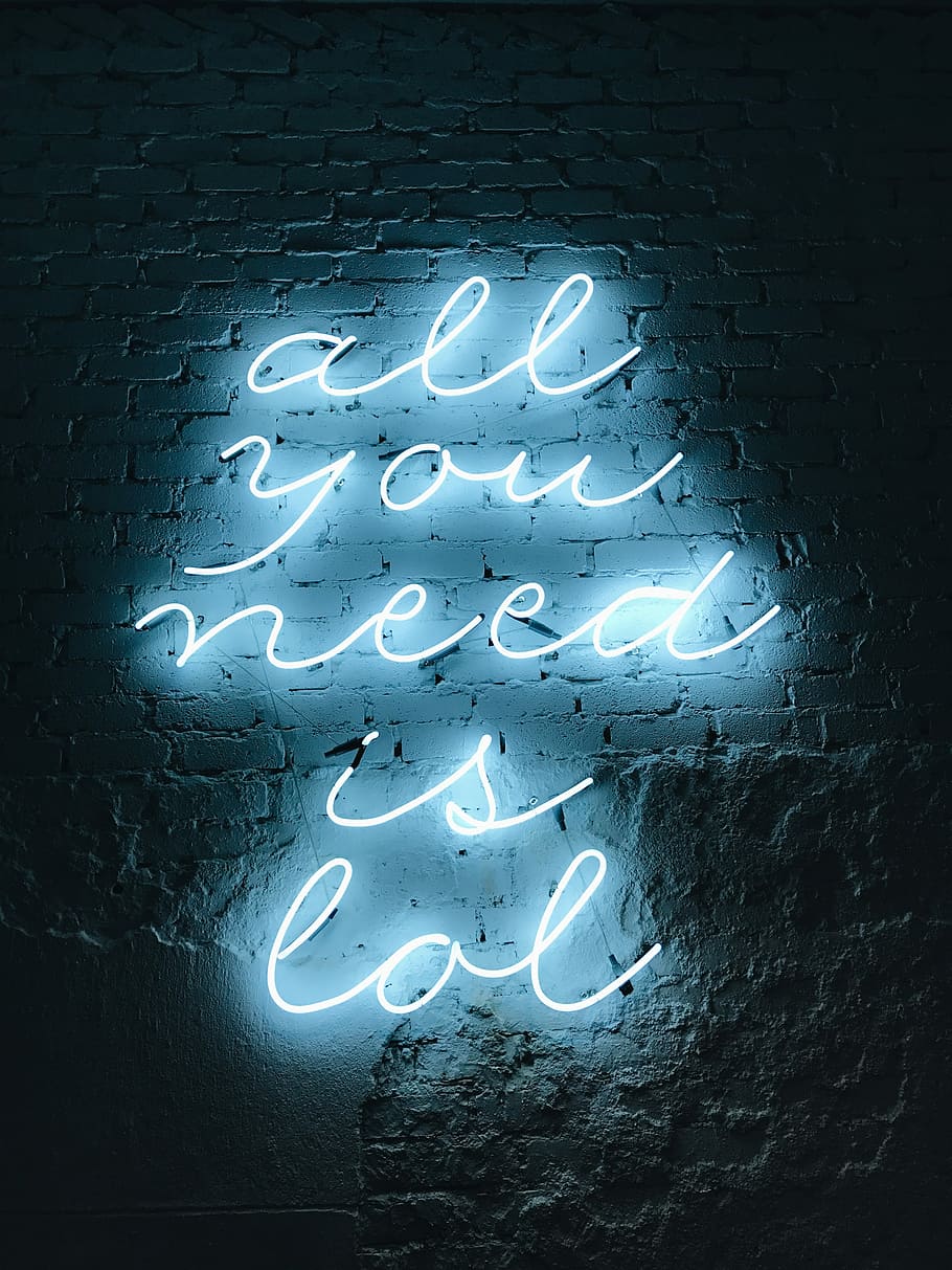 all you need is lol neon light signage, blue and white neon light signage wall decoration on gray wall