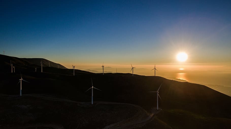 gray windmill on top on mountain under blue sky, sunset, scenery HD wallpaper