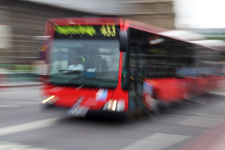 red and black bus on road near building, Blur, City, Motion HD wallpaper