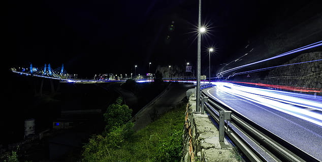 Gray Electric Post Beside Concrete Road, bridge, dark, evening HD wallpaper