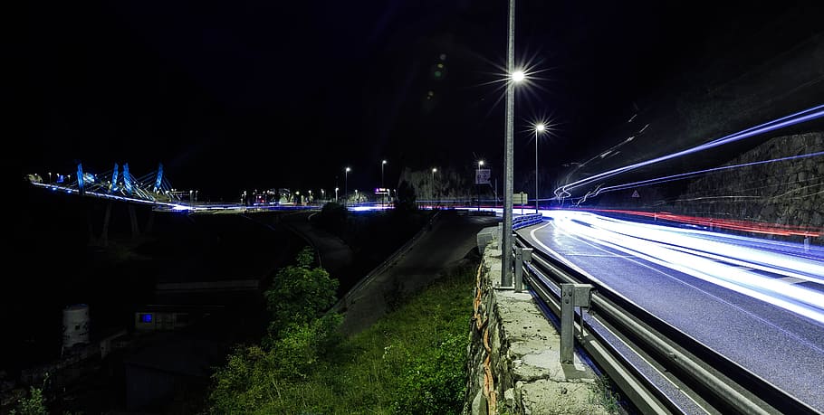 Gray Electric Post Beside Concrete Road, bridge, dark, evening HD wallpaper