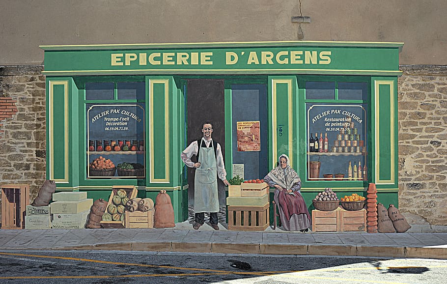 wall, painting, trompe l ' œil, fictional characters, business