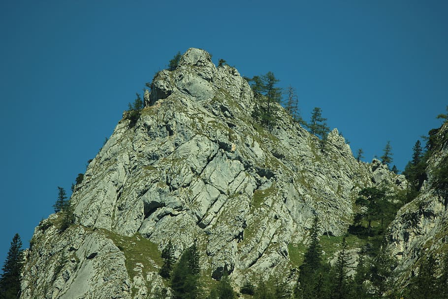 rock, mountain, forest, alpine, nature, sky, landscape, blue HD wallpaper