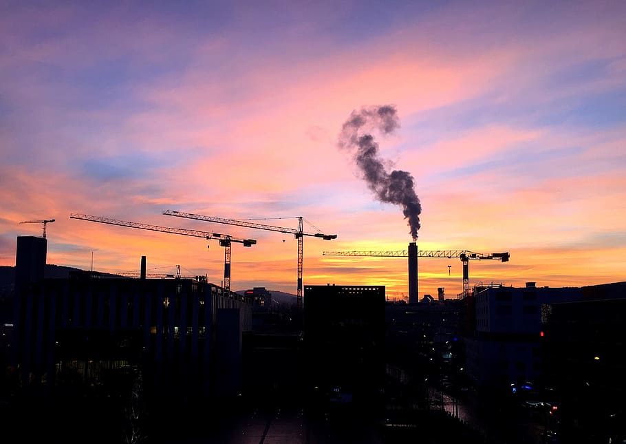 Morgenrot, Cranes, Fireplace, Eat, sky, industry, city, factory HD wallpaper