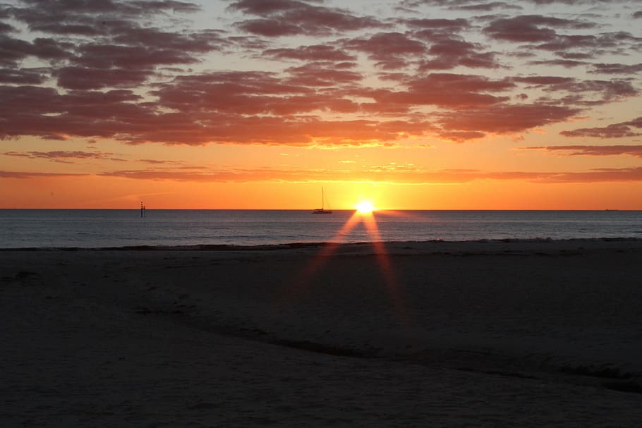 sunset, beach, orange, beach sunset, summer, evening, ocean HD wallpaper