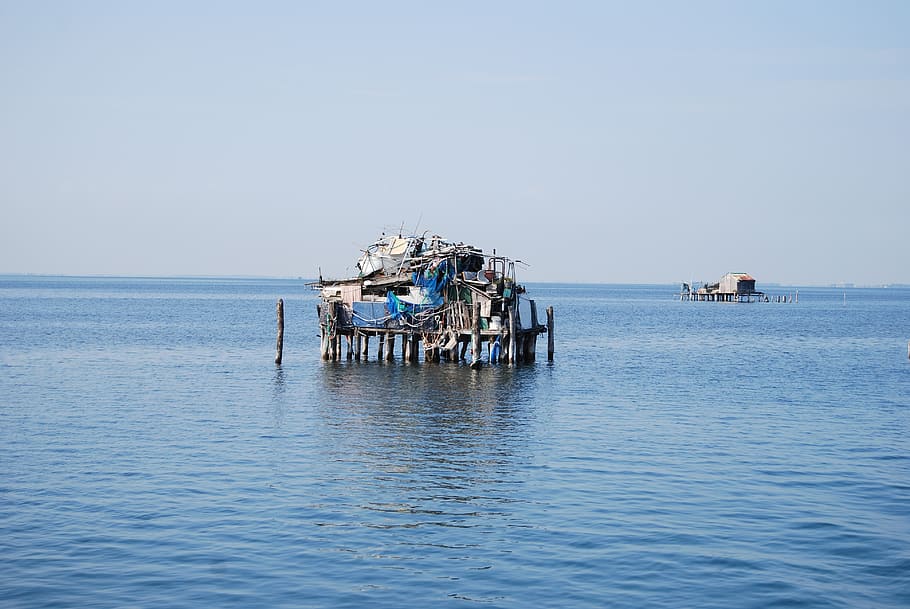 venice, lagoon, shack, sinner, sky, sea, water, horizon over water HD wallpaper