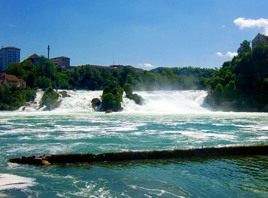 rhine falls, waterfall, roaring, river, water mass, landscape, HD wallpaper