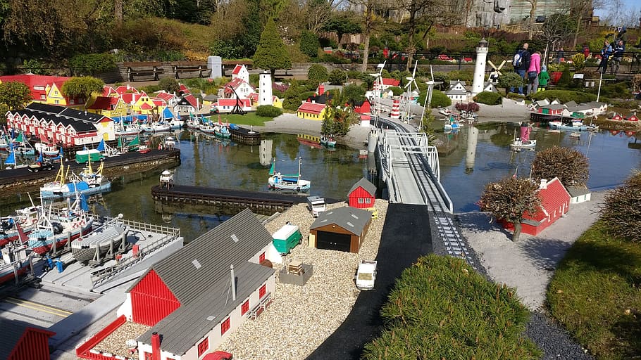 legoland, denmark, summer, water, plant, high angle view, group of people HD wallpaper