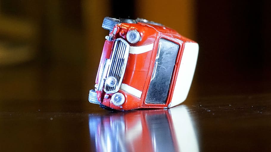 red Mini Cooper die-cast toy on table, accident, morris, upset HD wallpaper