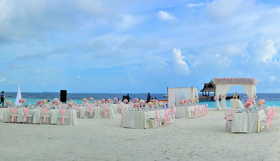 sea, landscape, sky, beach, beach wedding, chairs, clouds, decor HD wallpaper