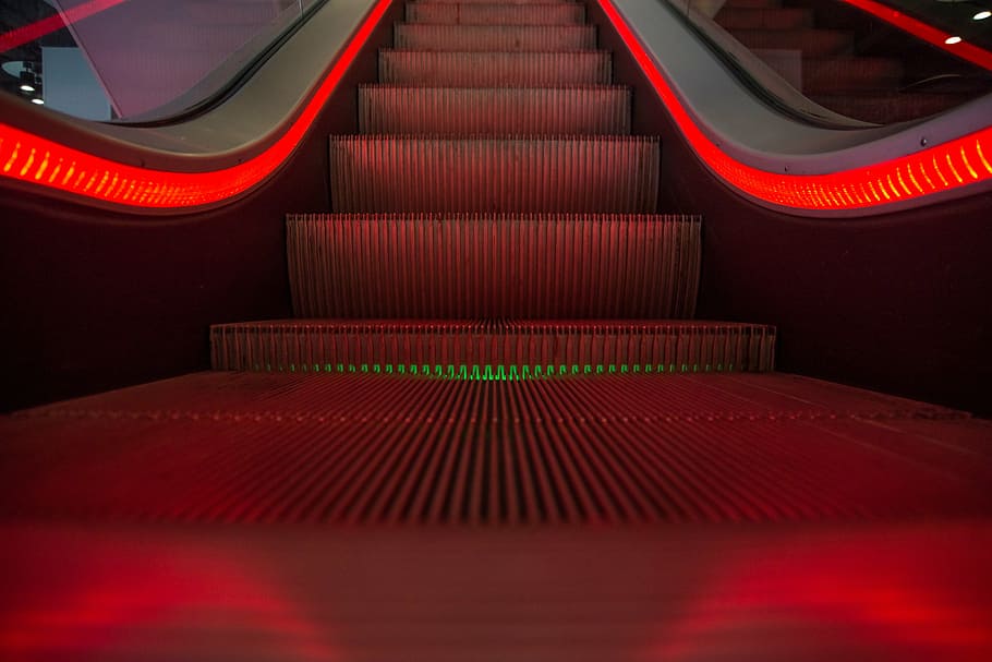 close photography of red lighted escalator, moving, stairway, HD wallpaper