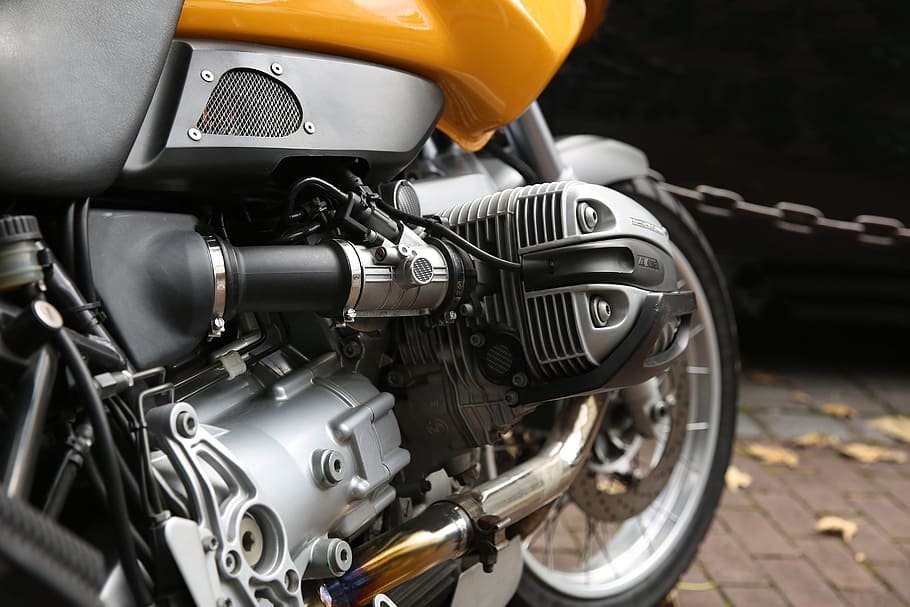 grey and black motorcycle engine, yellow, cylinder, technology HD wallpaper
