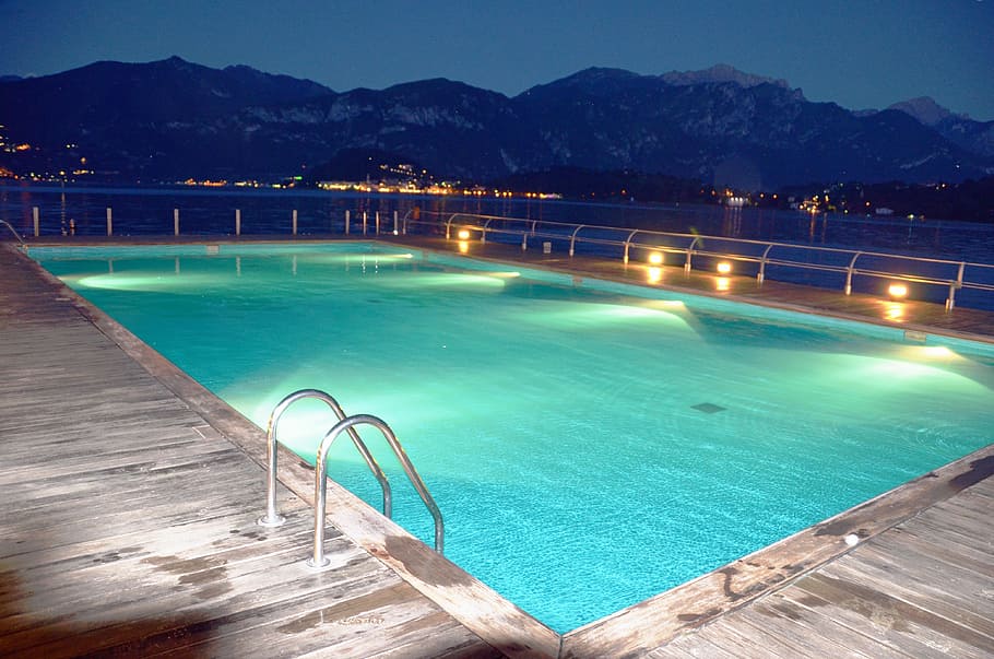 turned-on light on swimming pool, water, lights, reflection HD wallpaper