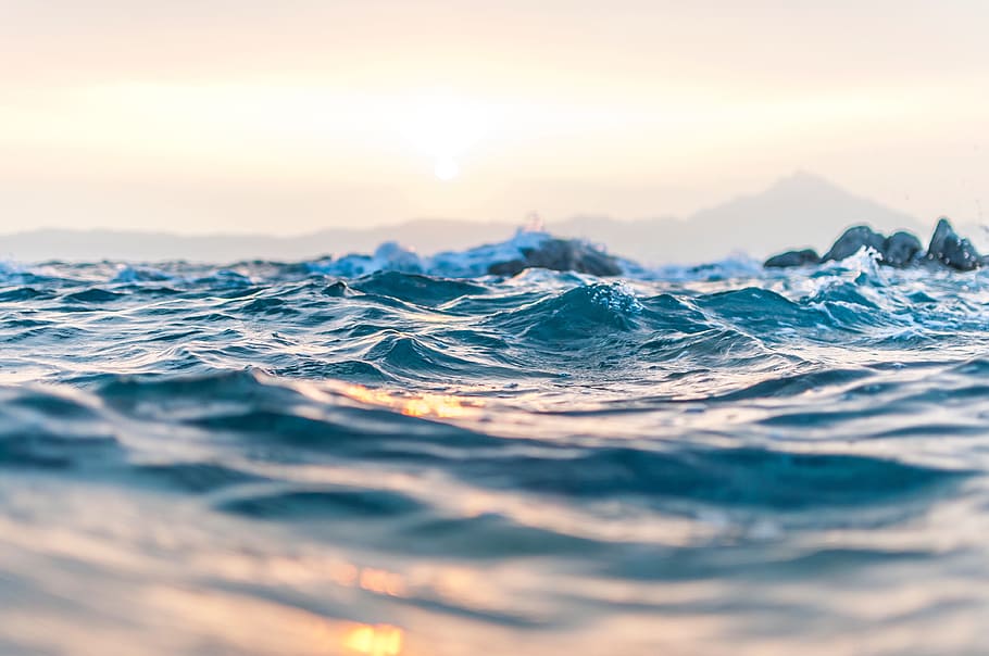 sea, ocean, water, waves, nature, sky, mountain, motion, sunset HD wallpaper