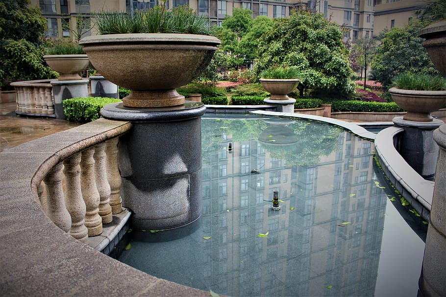 water fountain, garden, china, wuhan, architecture, outdoors, HD wallpaper