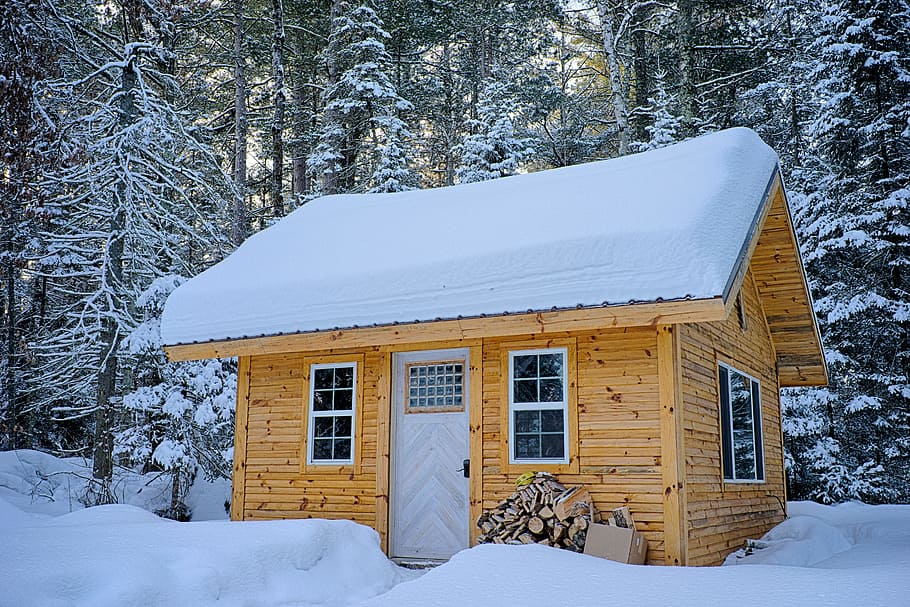 Snow Covered Wooden House Inside Forest, bungalow, cabin, chalet HD wallpaper
