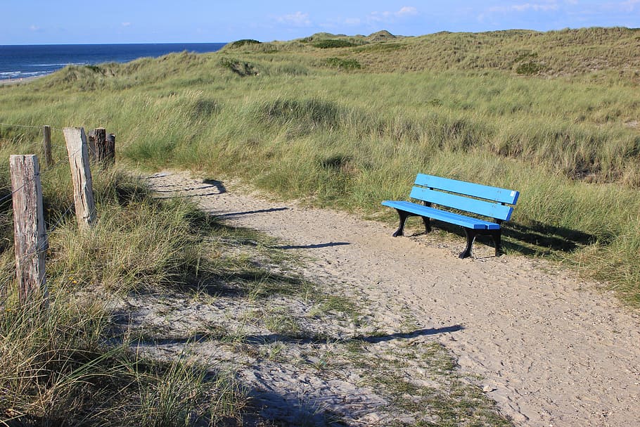 blue wooden outdoor bench chair, away, bank, dunes, grass, sea HD wallpaper