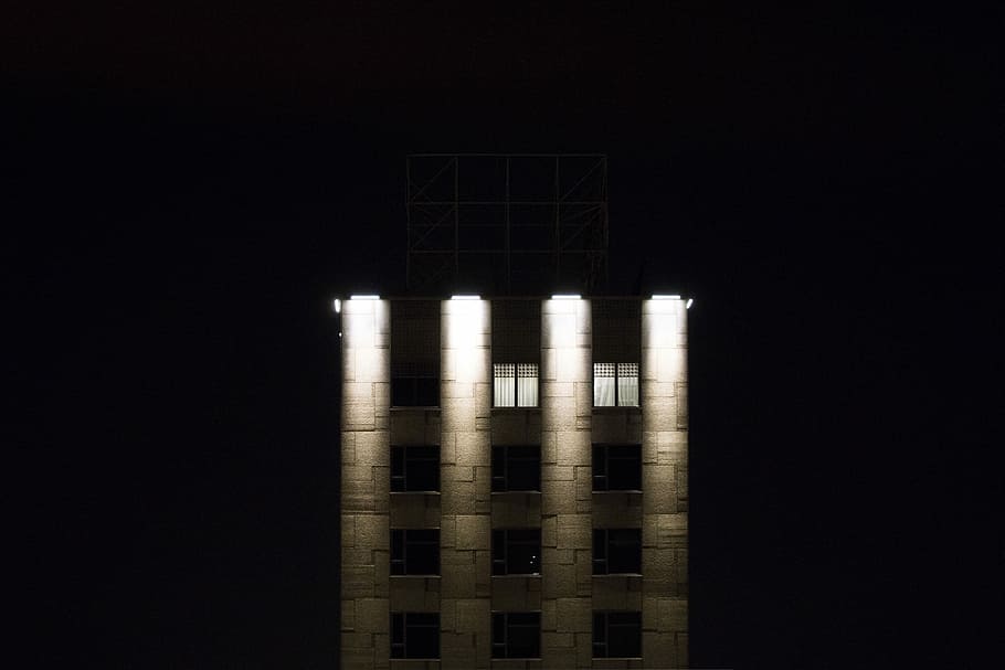 gray concrete building with four light, empty room, building lights HD wallpaper