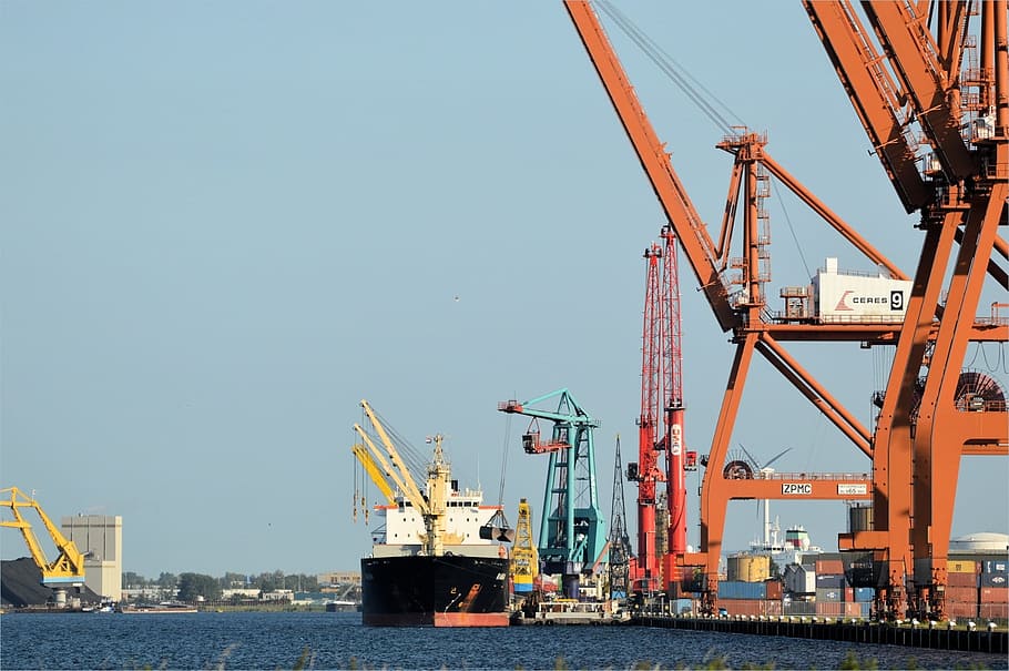 assorted-color cranes on sea during daytime, Cargo Ship, Freighter HD wallpaper
