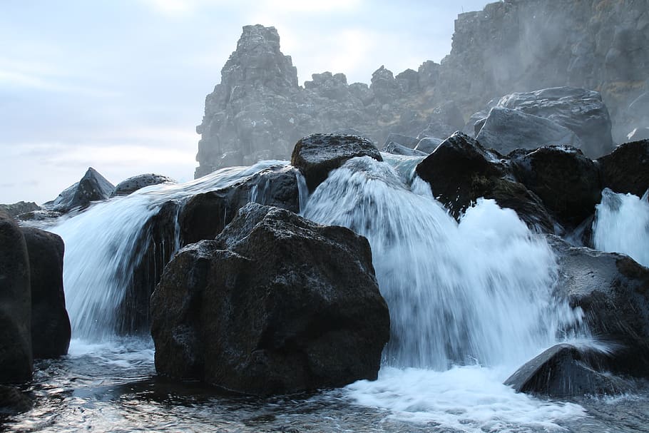small waterfalls during day time, mountain, stone, rock, river HD wallpaper