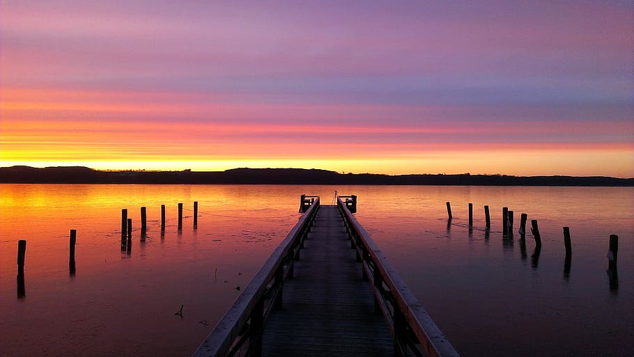 brown wooden dock during sunset, waters, dawn, pier, lake, web HD wallpaper