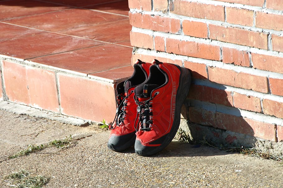 boots, path, rest, wall, brick wall, red, day, sunlight, real people HD wallpaper