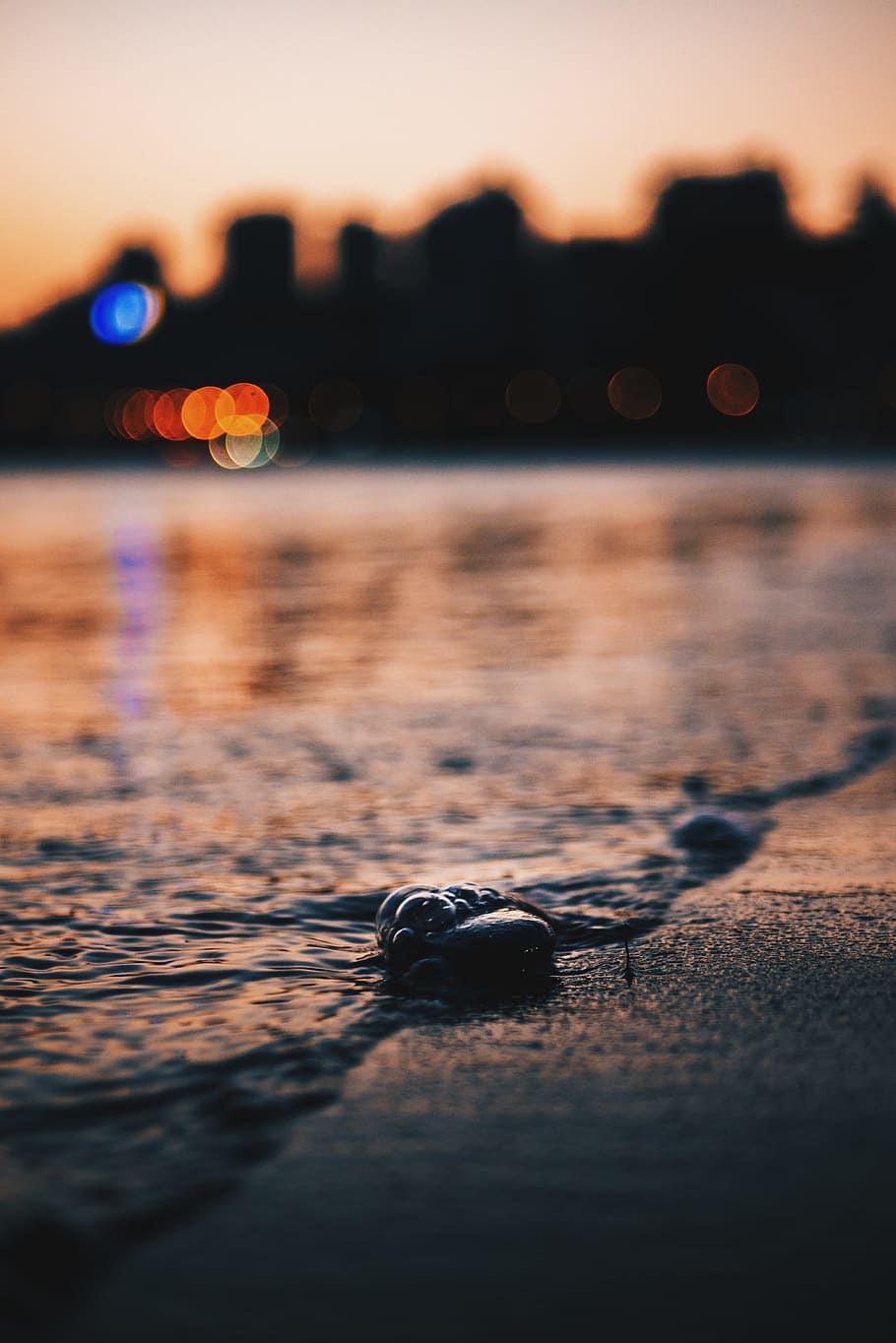 Bubble, shore, bokeh, sand, sunset, sea, beach, dusk, water, reflection HD wallpaper