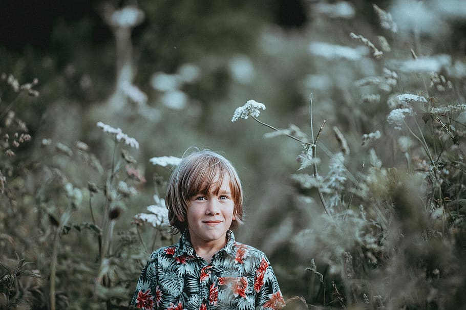 Boy in countryside, selective focus photography of smiling boy surrounded with white flowers HD wallpaper