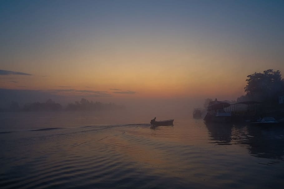 sunset, dusk, sky, lake, water, boats, docks, nautical vessel HD wallpaper