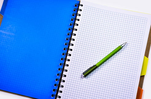 white graphing notebook and green click pen, pencil, education HD wallpaper