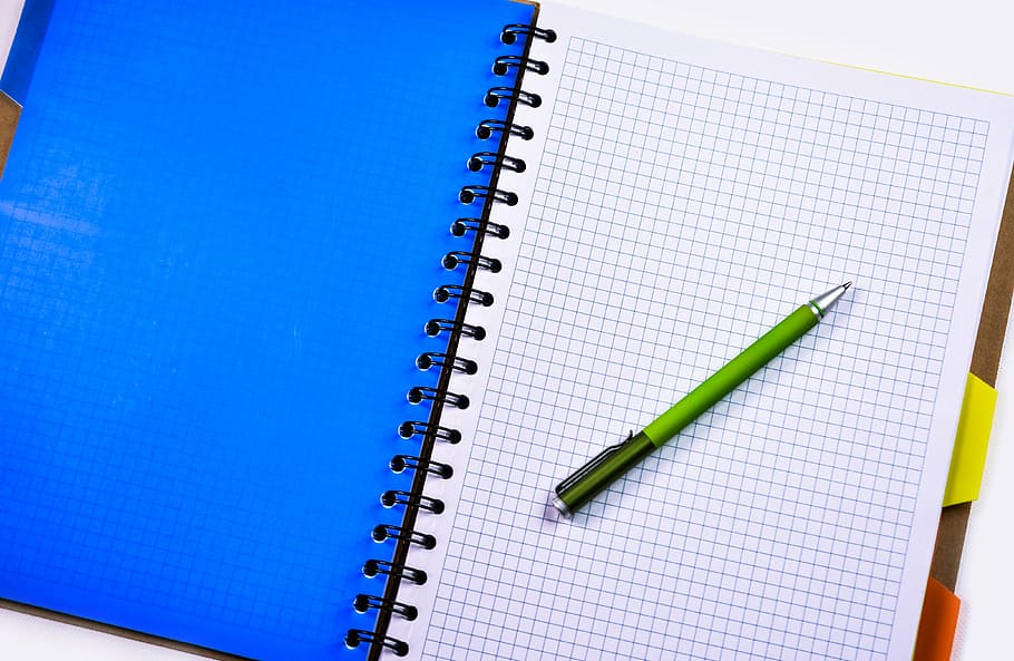 white graphing notebook and green click pen, pencil, education HD wallpaper