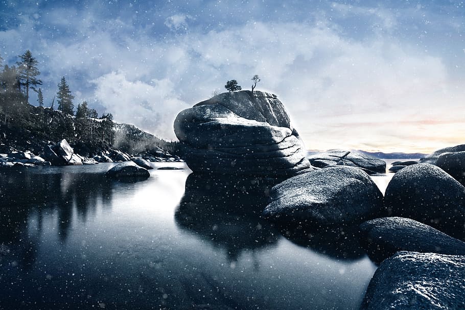 photo of gray rocks and sea, boulder, landscape, nature, sky HD wallpaper