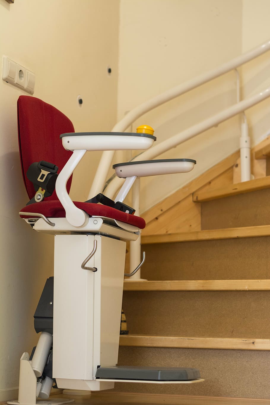 white and red stair lift chair, elevator, trap, adjustment, disabled, HD wallpaper