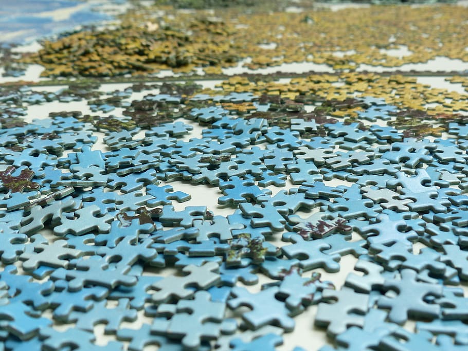 green and blue puzzle piece on floor, Puzzle, Play, Particles HD wallpaper