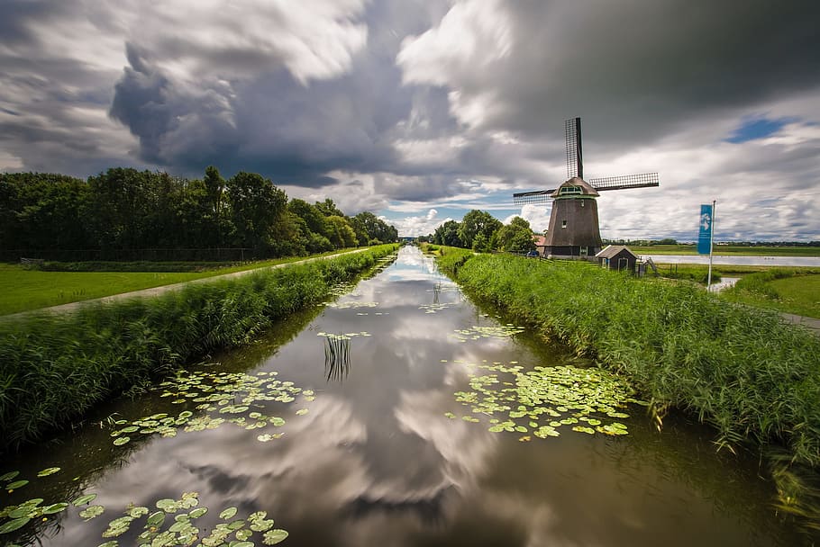 river and windmill, clouds, water, channel, channels, dike HD wallpaper