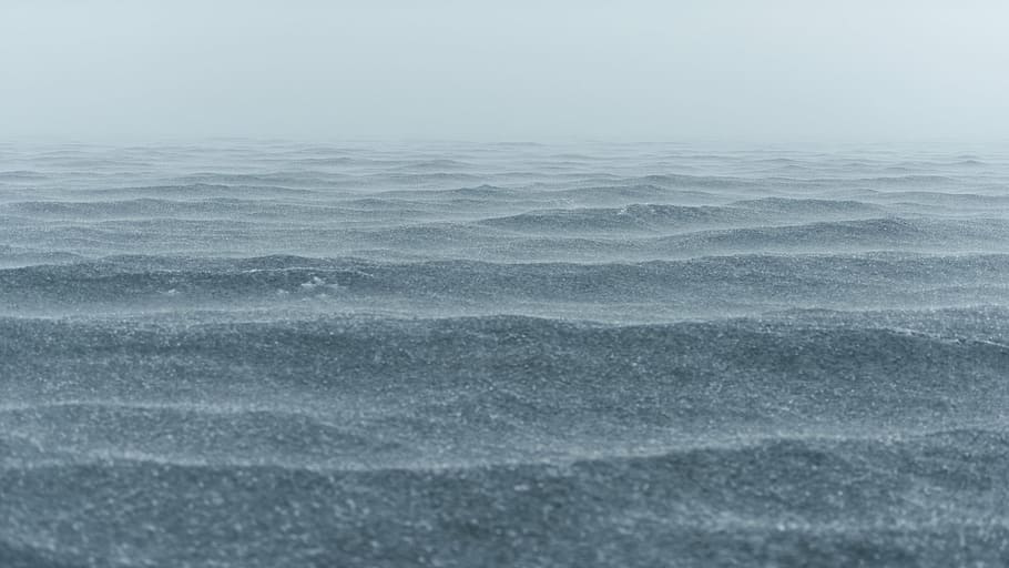 body of water, gray, sand, soil, dunes, waves, haze, fog, sea HD wallpaper